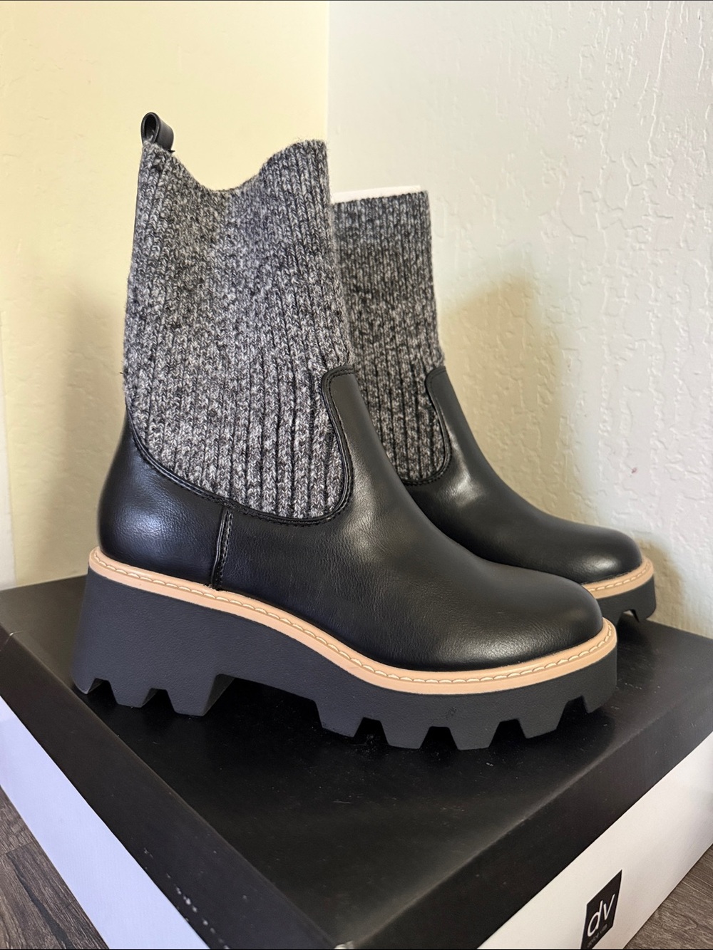 Dolce Vita Black Leather Platform Chelsea Boots with Gray Knit Shaft